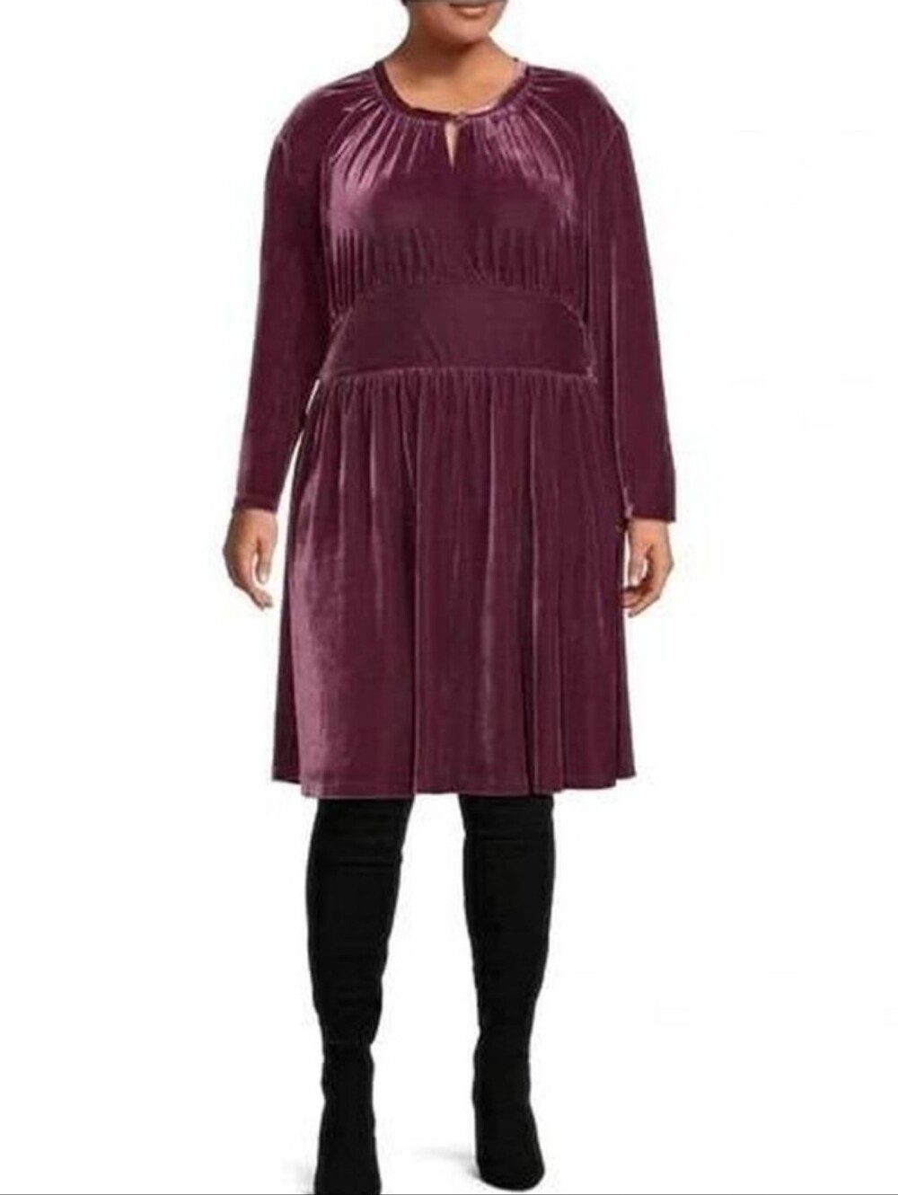 Black Velvet Long-Sleeve Keyhole Midi Dress